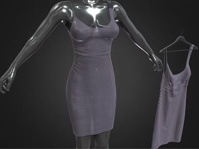 Gray Fitted Spaghetti Strap Dress On Mannequin With Hanging Garment 3d model