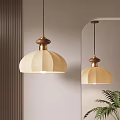 Beige Fabric Shade Pendant Lights With Wooden Finials Golden Accents Mirror And Plant