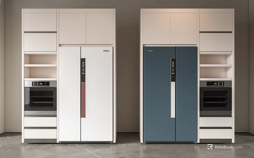 Modern Kitchen Refrigerators White And Blue Double Door Fridges With Cabinets And Oven 3d model 