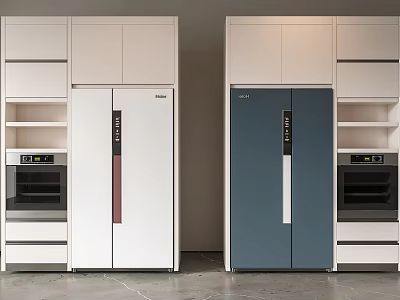 Modern Kitchen Refrigerators White And Blue Double Door Fridges With Cabinets And Oven 3d model