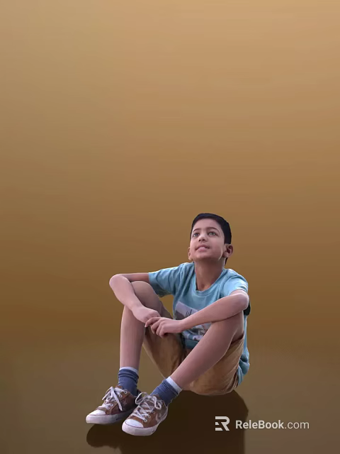 Young Man Sitting On Ground With Blue T-Shirt And Khaki Shorts Against Brown Background 3d model 