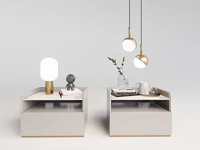 Modern White Bedside Tables With Lamp Books Plant And Decorative Vase 3d model
