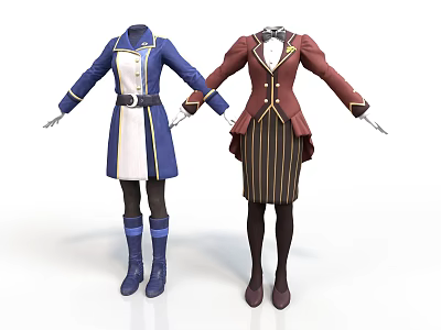 Blue White Coat And Brown Striped Skirt Sets With Yellow Trim And Boots 3d model