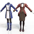Blue White Coat And Brown Striped Skirt Sets With Yellow Trim And Boots