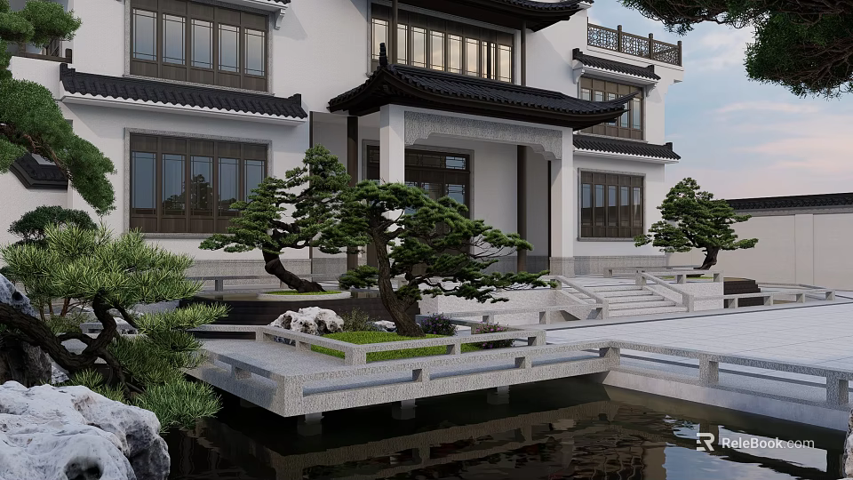Traditional Chinese Courtyard Garden With Classic Architecture Pond Pine Trees And Stone Steps 3d model 