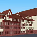 Multi Story Building Exterior With Red Roof White And Brown Walls And Windows