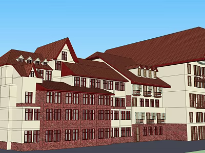 Multi Story Building Exterior With Red Roof White And Brown Walls And Windows 3d model