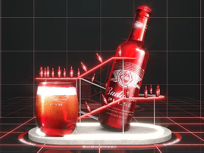 Modern Tech Style Photo Spot with Red Beer Bottle and Glass Display Stand 3d model