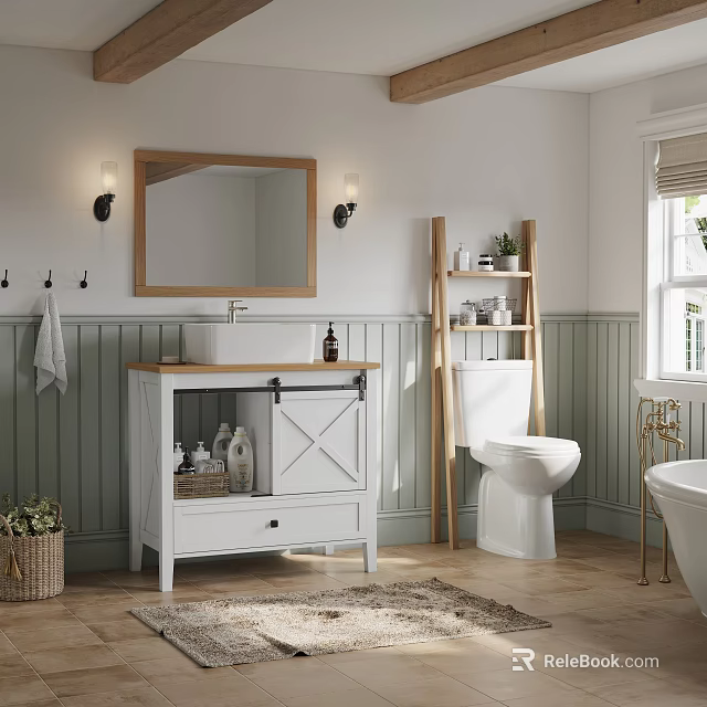 White Barn Door Style Bathroom Vanity With Mirror Wall Sconces And Green Wainscoting 3d model 