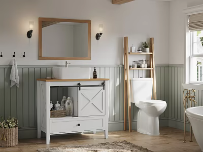 White Barn Door Style Bathroom Vanity With Mirror Wall Sconces And Green Wainscoting 3d model