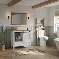 White Barn Door Style Bathroom Vanity With Mirror Wall Sconces And Green Wainscoting