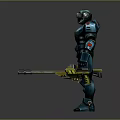 Blue Mech Warrior Character In Combat Armor With Gun And Equipment
