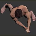 Shirtless Man in Black Underwear Standing with Long Pole Against Gray Background on Black Floor