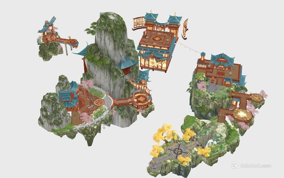 Ancient Architecture Scenery With Traditional Pavilions Mountain Water And Flower Elements 3d model 