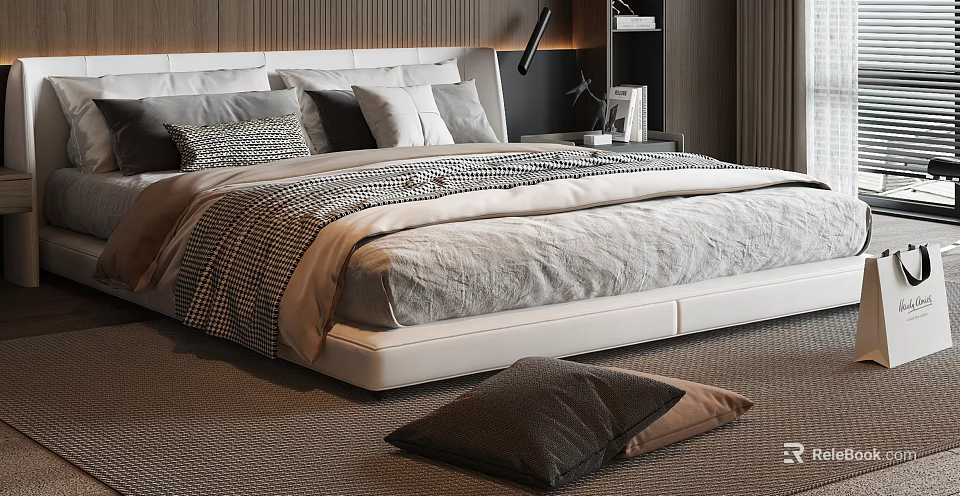 Modern Double Bed With Upholstered Headboard And Gray Black Decorative Pillows 3d model 