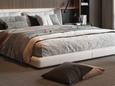 Modern Double Bed With Upholstered Headboard And Gray Black Decorative Pillows 3d model
