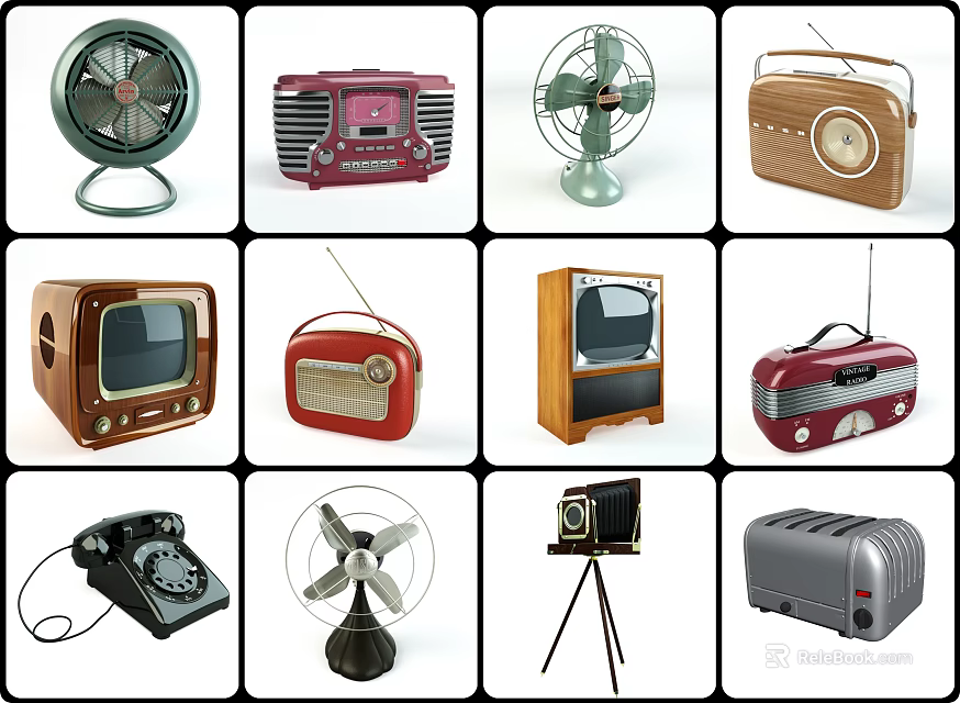 Vintage Industrial Equipment Collection Featuring Fans Radios TVs Phones Cameras Toasters 3d model 