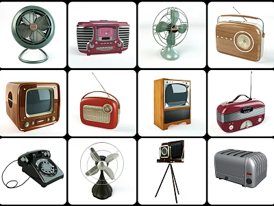 Vintage Industrial Equipment Collection Featuring Fans Radios TVs Phones Cameras Toasters 3d model