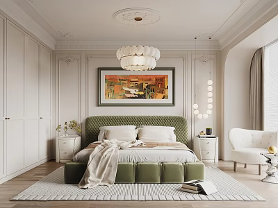 Elegant Bedroom Featuring Green Upholstered Bed Framed Painting Chandelier White Armchair And Wooden Floor 3d model