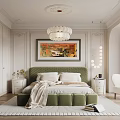 Elegant Bedroom Featuring Green Upholstered Bed Framed Painting Chandelier White Armchair And Wooden Floor