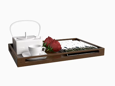 White Ceramic Tea Set with Teapot Cup on Wooden Tray and Red Roses 3d model