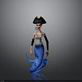 3D Model Of Pirate Mermaid With Black Tricorne Hat White Top And Blue Spotted Tail