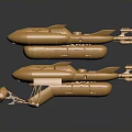 Futuristic Golden Cosmic Aerospace Spaceship Models Floating On Black Background With Reflective Effect