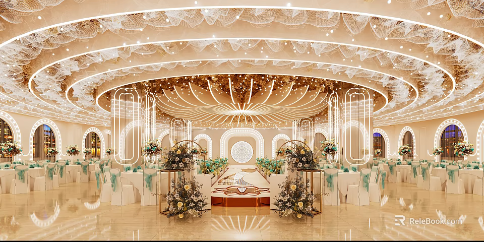 Luxurious Banquet Hall with Circular Ceiling Lighting Stage Floral Decorations and Table Setup 3d model 