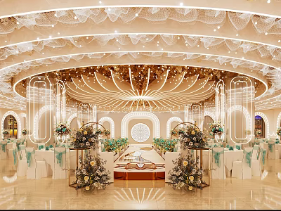 Luxurious Banquet Hall with Circular Ceiling Lighting Stage Floral Decorations and Table Setup 3d model
