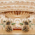 Luxurious Banquet Hall with Circular Ceiling Lighting Stage Floral Decorations and Table Setup
