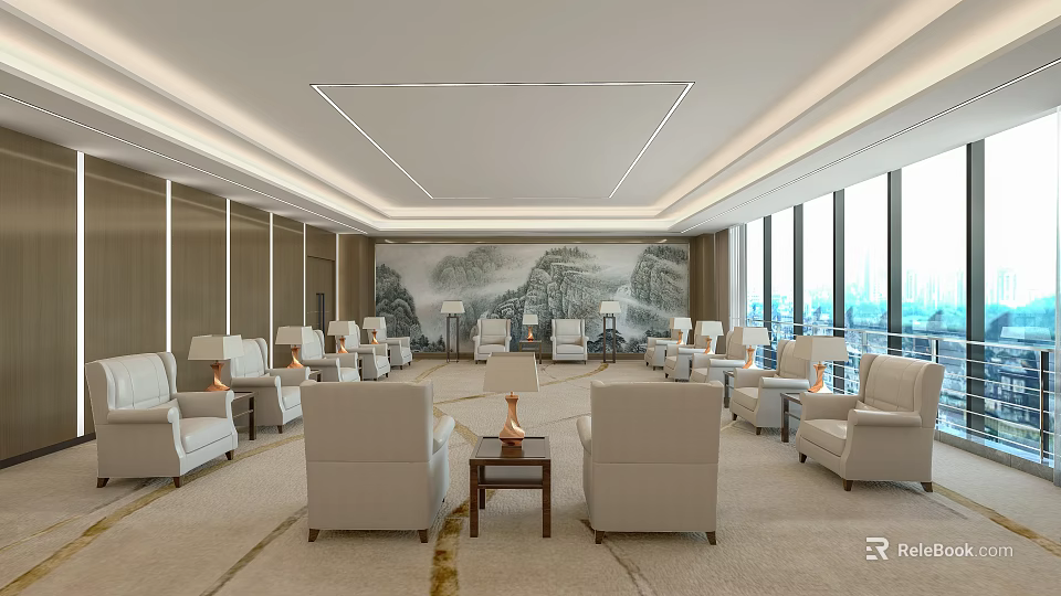Elegant Modern Hotel Public Lounge With Large Windows Landscape Painting Beige Sofas And Coffee Tables 3d model 