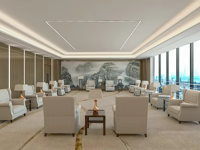 Elegant Modern Hotel Public Lounge With Large Windows Landscape Painting Beige Sofas And Coffee Tables 3d model