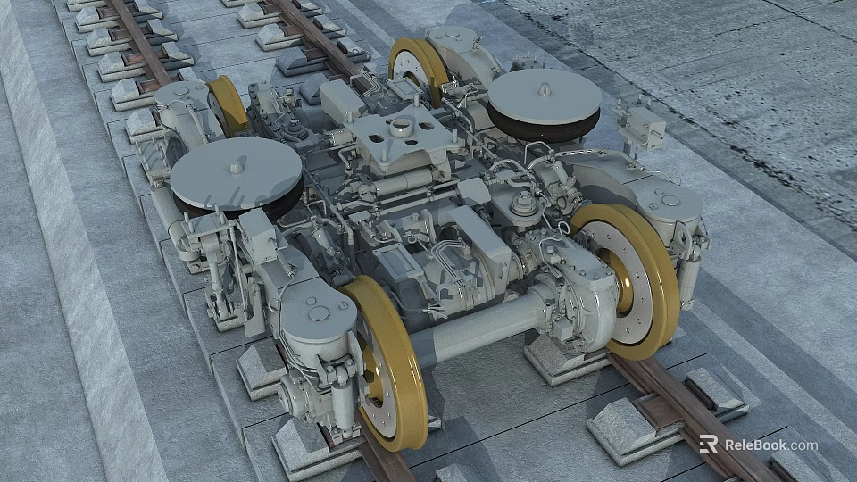 Detailed Mechanical Railway Wheel Assembly With Metal Components On Track Structure 3d model 