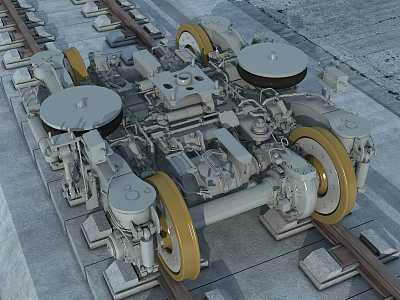 Detailed Mechanical Railway Wheel Assembly With Metal Components On Track Structure 3d model