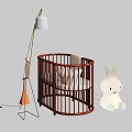 Wooden Baby Crib With Curved Railings White Mattress White Floor Lamp And White Rabbit Decoration