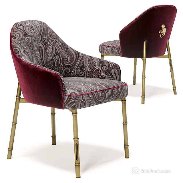 Elegant Dining Chairs With Paisley Pattern Velvet Upholstery And Golden Bamboo Shaped Legs 3d model 