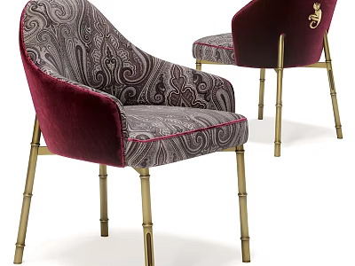 Elegant Dining Chairs With Paisley Pattern Velvet Upholstery And Golden Bamboo Shaped Legs 3d model