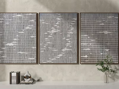 Three Abstract Paintings Hanging On Neutral Gray Wall With White Shelf Books Vase And Plant 3d model