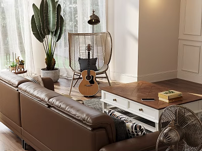 Cozy Modern Living Room Sofa And Coffee Table Set With Brown Leather And Wooden Top 3d model