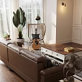 Cozy Modern Living Room Sofa And Coffee Table Set With Brown Leather And Wooden Top