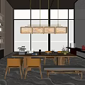 Stylish Modern Restaurant Interior With Pendant Lights Large Windows And Dining Table