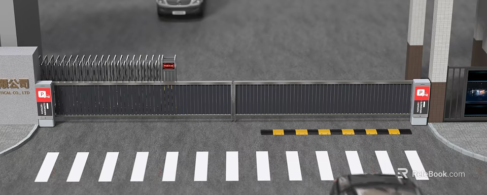 Folding Gate In Outdoor Area With Gray Ground Vehicles Zebra Crossing And Warning Stripes 3d model 