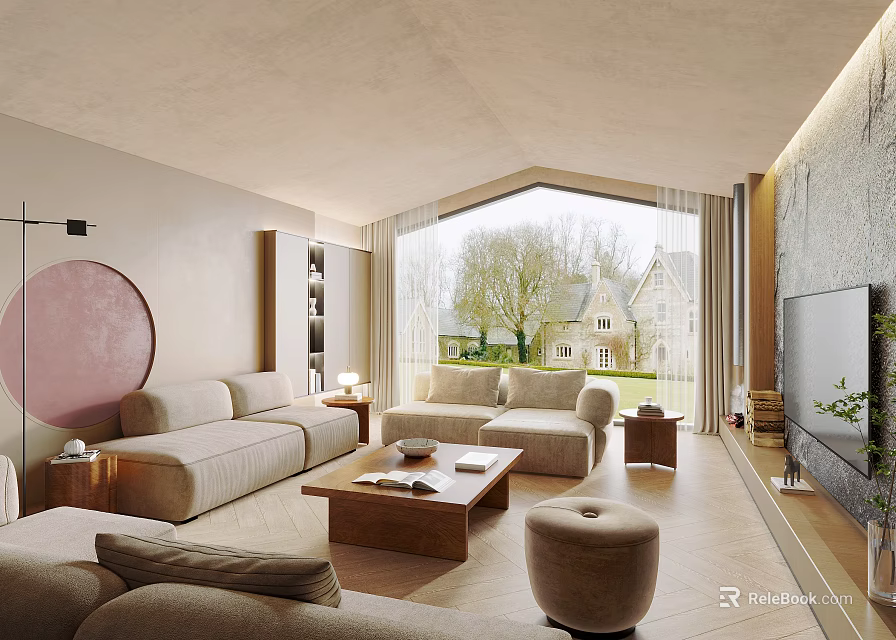 Modern Living Room With Neutral Sofas Wooden Coffee Table And Large Windows 3d model