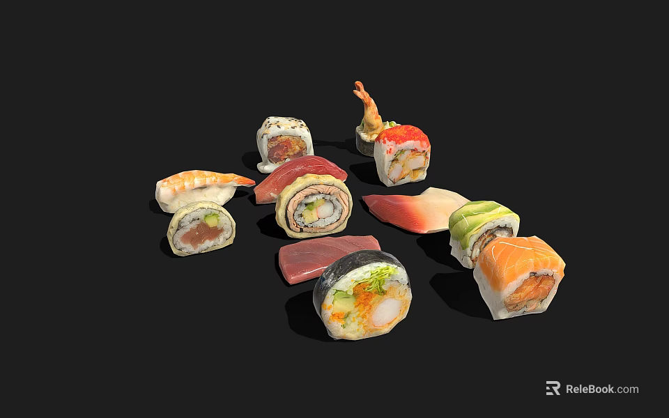 Fresh Sushi Rolls With Salmon Tuna Avocado And Sashimi Varieties 3d model 