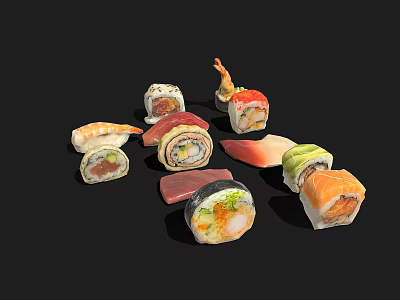 Fresh Sushi Rolls With Salmon Tuna Avocado And Sashimi Varieties 3d model