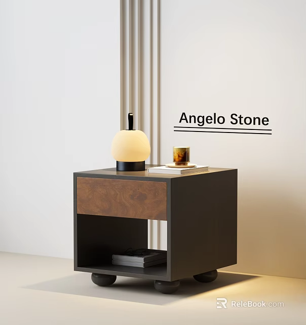 Modern Dark Wooden Nightstand Design With White Lampshade Black Base Lamp Glass Cup and Books 3d model 
