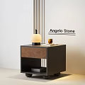 Modern Dark Wooden Nightstand Design With White Lampshade Black Base Lamp Glass Cup and Books