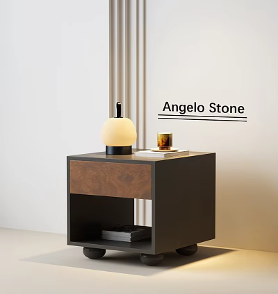 Modern Dark Wooden Nightstand Design With White Lampshade Black Base Lamp Glass Cup and Books 3d model