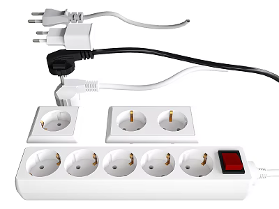 White Multi Outlet Power Strips With Various Plugs And Switch Indicator 3d model