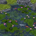 Aquatic Plants in Garden Pond with Lily Pads Pink Flowers Koi Fish Rocks and Moss